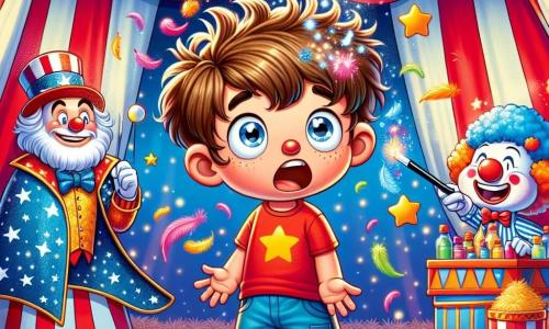 Un niño de 7 años, Carlitos, con el cabello castaño alborotado y ojos brillantes de curiosidad, se encuentra en el centro de la escena, riendo a carcajadas mientras es rodeado de plumas de colores que vuelan a su alrededor. Lleva una camiseta roja brillante y un pantalón corto azul, con zapatillas blancas que parecen listas para saltar al aire. A su derecha, Don Mago Chispa, un mago de unos 40 años, viste una capa azul estrellada y un sombrero de copa. Sonríe moviendo la cabeza, divertido por el desorden, mientras sostiene una varita mágica brillante. A la izquierda, un payaso alegre de unos 30 años, con la cara pintada de blanco, una gran nariz roja y cabello multicolor, hace malabares con pelotas de espuma, riendo y lanzando plumas al aire. La escena se desarrolla bajo la gran carpa del circo, donde las rayas rojas y blancas de la tela crean un ambiente vibrante. Luces centelleantes iluminan el espacio, y el suelo está cubierto de paja y confeti, añadiendo a la atmósfera festiva. La situación principal muestra a Carlitos, maravillado y riendo, en medio de un torbellino de plumas de colores, después de haber desencadenado accidentalmente un truco de magia que ha transformado el espectáculo en una fiesta alegre y caótica.