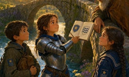 Eine junge Ritterin namens Alina, entschlossen und lächelnd, trägt eine kleine silbrig-bläuliche Rüstung, hält ein aufgeschlagenes Heft und einen Bleistift und steht mittig, das Gesicht strahlend und die Augen selbstbewusst; ein Junge, Finn, etwa 10 Jahre, mit nassen kurzen Haaren, trägt einen gerippten Mantel mit salzverkrustetem Saum, hält einen kleinen Rucksack und steht schüchtern leicht hinter ihr links; ein Mädchen, Mira, etwa 11 Jahre, mit noch feuchten, geflochtenen langen Haaren, trägt einen Seemannsmantel mit einem Wappen mit Stern und drei Wellen, lächelt mutig und steht bei Finn rechts von Alina; ein alter Brückenwärter, etwa 60 Jahre, groß und bärtig, in einer braun-okernen Kapuze steht am Ende einer alten steinernen Brücke, mit ernster, aber gemilderter Miene, die Hand auf dem Brückenrand; Ort: moosbedeckte alte Steinbrücke über einem klaren Fluss, blühende Ufer, sanfte Hügel im Hintergrund und leichter Nebel, goldene Dämmerungslichtreflexe auf dem Wasser; Situation: Alina drückt ihr Heft dem Wärter entgegen, um das Wappen der beiden Kinder zu erklären, eine ruhige, hoffnungsvolle Vermittlung, neugierige Dorfbewohner als verschwommene Silhouetten hinter dem Wärter; Stil: Acrylmalerei mit sichtbaren Pinselstrichen, warmen Farben, sanften Kontrasten, detaillierten Stoff- und Metalltexturen, ein einladendes, heroisches Ambiente, zentrierte, kindgerechte Komposition.