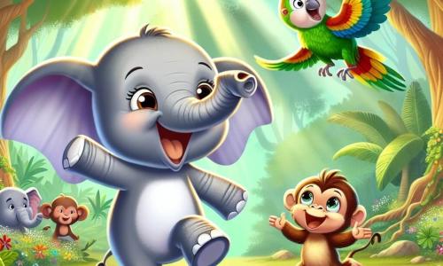 Un elefant vesel pe nume Edi, cu piele gri și urechi mari, dansează cu entuziasm în mijlocul unei poieni însorite, având un zâmbet mare pe față. Lângă el, o maimuță mică pe nume Miri, cu blană brună și ochi strălucitori, sare de bucurie bătând din palme, înconjurată de flori colorate. Nu departe, un papagal colorat pe nume Toma, cu pene verzi și galbene strălucitoare, zboară în aer cântând vesel. Scena se desfășoară într-o pădure fermecată, plină de copaci măreți cu frunze verzi strălucitoare și raze de soare care filtrează prin crengi, creând o atmosferă magică. Edi, Miri și Toma sărbătoresc prietenia lor dansând împreună, înconjurați de râsete și bucurie, în timp ce alte animale curioase îi privesc cu uimire.