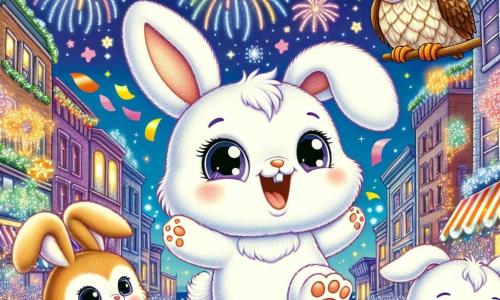 An illustration depicts a small white rabbit with large floppy ears and fluffy fur, showing an expression of excitement and joy as it jumps enthusiastically, surrounded by colorful confetti, ready to celebrate New Year's Eve. Next to it is a little bunny with bright eyes and upright ears, full of enthusiasm, looking at the sky lit by fireworks, her face radiant with happiness. A wise owl perched on a branch observes the scene with a benevolent smile, its brown feathers and large round eyes reflecting the light of the fireworks. The setting is a lively city street adorned with twinkling lights and festive decorations, featuring colorful buildings in the background and bright stars in the night sky. Fireworks burst in the sky, creating an explosion of vivid colors. The main scene shows the little rabbit and its friends celebrating New Year's together, surrounded by joy and excitement as they share laughter and dreams for the coming year. Additional graphic elements include floating balloons, string lights, and twinkling stars, enhancing the festive and magical atmosphere of this special night.
