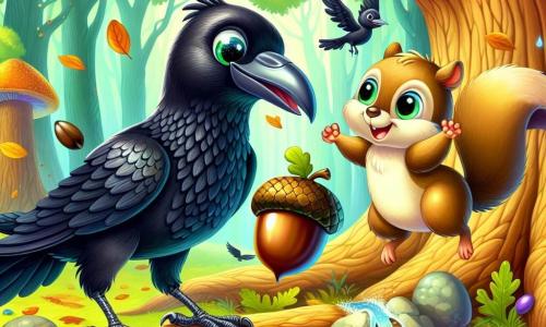 A raven named Charlie, with shiny black feathers and sparkling curious eyes, stands on a branch of a large oak tree. He wears a joyful and determined expression, delicately holding a bright acorn in his beak. Next to him, Lily, a small squirrel with bright eyes and light brown fur, jumps excitedly on another branch, her front paws raised in gratitude. Below, the ground is covered with green and golden leaves, and a nearby stream sparkles as the water dances over smooth stones. The scene shows Charlie, the raven, triumphantly returning to Lily with the lost acorn, surrounded by the colorful beauty of the enchanted forest, full of life and magic.
