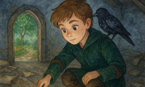 Een jonge tovenaarsjongen, Tobias, kijkt ontroerd en geconcentreerd terwijl hij met een penseel gedoopt in zilverkleurige inkt de laatste boog van een magische cirkel op een oud houten vloer schildert; hij draagt een korte dennengroene fluwelen mantel met versleten leren elleboogstukken, heeft lichtbruin warrig haar en hurkt in het midden van een schemerige zolder; op zijn rechterschouder zit Noor, een slanke boodschappervogel met zwarte veren bezaaid met witte sterretjes, die nieuwsgierig naar het licht kijkt; de zolder heeft schuine balken, geplooide perkamenten en een plafondkier waarlangs zilveren glans binnenvalt; achteraan staat een halfopen kleine deur naar een miniatuurtuin met een geplaveid pad en een tak met bladeren die het groen van de cirkel weerkaatsen; de magische cirkel pulseert zacht bladgroen met een gouden halo en zwevende lichtdeeltjes; contrasterende verlichting: warme gloed van de cirkel op de gezichten, koelblauwe schaduwen; zichtbare natte aquareltextuur en gemengde pigmenten met gecontroleerde spatters rond de cirkel om beweging en magie te suggereren.