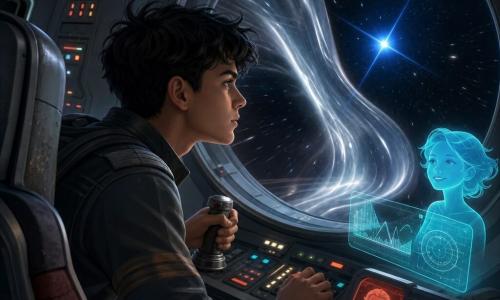 Javi, zo’n 16 jaar, olijfkleurige huid, zwarte warrige haren, geconcentreerde blik, houdt stevig een klein metalen stuur en leunt naar een groot raam; Nola, een blauwgroen hologram-IA bij het dashboard met zachte vormen, lichte lijnen, grafieken en een klein glimlachend licht; een verre mannenstem via een rood transmissiescherm met een oud satellietpictogram; cabine van het kleine verkenningsschip Vederlicht, compact mat met metalen panelen, gekleurde schakelknoppen, felle schermen en versleten stoelen; buiten een zilverachtige, golvende fluxknoop die de ruimte vervormt, uitgerekte sterren en een scherpe blauwe “eerlijke ster” als visueel anker; Javi geeft korte raketcorrecties met precieze, vastberaden bewegingen terwijl het schip licht helt en de zilvernevel het licht buigt.