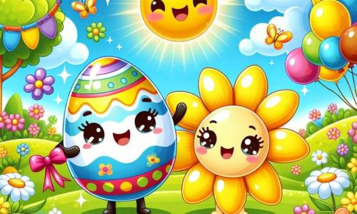 Ilustración de un pequeño huevo decorado con motivos coloridos y sonrisas alegres. Este huevo, personaje principal, expresa gran emoción y felicidad, sosteniendo cintas de colores vivos en sus pequeñas manos. Junto a él, una flor amarilla sonriente con pétalos brillantes y ojos chispeantes baila al ritmo de la fiesta, animando al huevo a seguir decorando. El escenario es un jardín soleado lleno de flores multicolores, hierba verde y árboles en flor. El cielo es azul con algunas nubes blancas y un sol radiante que ilumina la escena. La situación principal muestra al huevo y la flor preparando una gran fiesta de Pascua, rodeados de guirnaldas de colores y pequeños huevos de chocolate brillando al sol. Otros elementos gráficos incluyen globos coloridos flotando en el aire, mariposas revoloteando a su alrededor y pequeños cestos llenos de golosinas, añadiendo una atmósfera festiva y alegre a la ilustración.