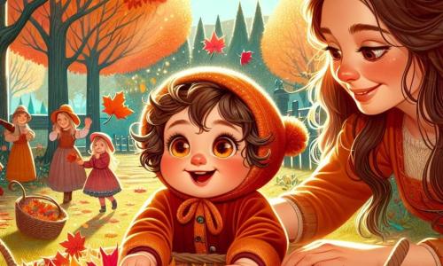 Una niña de 1 año, con grandes ojos brillantes y cabello rizado, sonríe alegremente mientras recoge hojas de otoño coloridas, con sus mejillas sonrojadas por la emoción. Lleva un overol de terciopelo naranja y un pequeño gorro de lana. A su lado, su mamá, una mujer de unos 30 años con cabello largo y castaño, la ayuda sosteniendo una gran canasta llena de hojas. Sonríe tiernamente, mirando a su hija con amor. El escenario es un jardín encantador, donde los árboles se alzan majestuosamente, sus hojas doradas y rojas cayendo suavemente al suelo. El sol brilla a través de las ramas, creando sombras danzantes en el suelo. La escena muestra a Lía y su mamá preparando una fiesta de otoño, rodeadas de hojas coloridas, con un aire de alegría y complicidad, mientras otros niños juegan en el fondo, añadiendo a la atmósfera festiva.