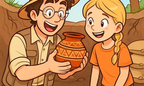 Een archeoloog, Lucas, in de dertig met rommelig bruin haar en ronde brillen, toont grote opwinding op zijn gezicht. Hij draagt een beige shirt, een werkvest vol zakken en een strohoed, terwijl hij een oude versierde pot in zijn handen houdt. Naast hem staat een 12-jarig meisje, Emma, met gevlochten blond haar en een stralende glimlach, die aandachtig naar de pot kijkt met nieuwsgierige ogen. Hun omgeving is een archeologische opgraving, omringd door bruine aarde, stenen en boomwortels, onder een heldere blauwe lucht. Opgravingstools liggen verspreid om hen heen, en zandzakken zijn opgestapeld om de opgraving te beschermen. De belangrijkste situatie toont Lucas en Emma die samen een oude pot ontdekken, wat de opwinding van verkenning en de verbinding met het verleden symboliseert.