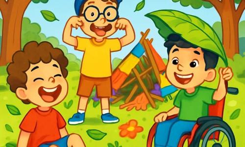 Ci sono 3 personaggi: Leo, un ragazzo di 7 anni con capelli ricci e castani, che indossa una maglietta rossa e pantaloni blu, ride seduto sull'erba circondato da foglie; Mattia, un ragazzo di 6 anni con un piccolo cappello blu e occhiali rotondi, indossa una maglietta gialla e pantaloni corti, è in piedi con le braccia alzate facendo una smorfia divertente; Samuele, un ragazzo di 8 anni con capelli corti e neri, usa una sedia a rotelle rossa, sorride tenendo una grande foglia sopra la testa come un ombrello, seduto accanto a Leo. La scena si svolge in un parco soleggiato con alberi alti, un prato ben curato e fiori colorati che danzano nel vento. Al centro, una grande capanna disordinata fatta di rami e coperte multicolori è parzialmente crollata, aggiungendo un tocco di magia al luogo. I tre amici ridono insieme dopo il crollo della loro capanna, circondati da foglie che cadono, con un cagnolino vivace che rosicchia una merendina ai loro piedi.
