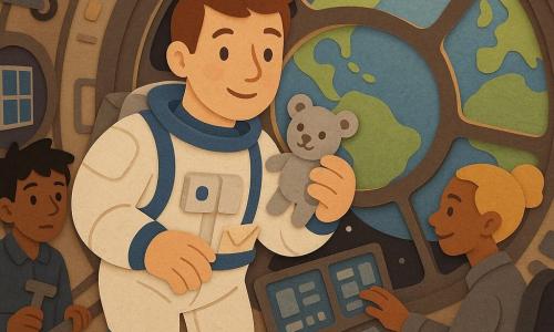 Un astronauta hombre, con expresión asombrada y responsable, rasgos suaves y cabello corto castaño, vestido con traje blanco con detalles azules, flota junto a la cúpula sosteniendo un pequeño peluche gris en la mano derecha y con una carta doblada asomando del bolsillo interior de su arnés; una ingeniera de unos 40 años, sonriente y concentrada, cabello rubio recogido y traje gris, está sentada en una consola táctil detrás de él ajustando pantallas y mirando hacia la misma ventana; un joven ingeniero de unos 25 años, pelo negro despeinado y expresión atenta, sujeta una llave magnética y una barandilla a la izquierda, listo para ayudar; interior de una estación espacial con tubos metálicos y grandes ventanas circulares que muestran paneles solares y la Tierra azul y verde en la cúpula; momento solemne y tranquilo de cooperación y maravilla, el peluche y la carta simbolizan su familia y responsabilidad.