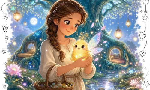 Lucia, dal volto dolce e sorridente, occhi castani e capelli castani intrecciati, con una veste crema e un cesto di legno, tiene vicino al cuore una piccola creatura fatata luminosa, grande come un pulcino, corpo ovoidale color miele e ali traslucide iridescenti; la creatura trema ma la sua luce comincia a scintillare. Dietro di loro, al centro di una radura, un grande albero custode dal tronco turchese e foglie luccicanti; la radura di muschio è punteggiata di fiori fosforescenti rosa e azzurri, sentieri di pietre umide e un ruscello argentato che riflette la luna; lanterne fluttuano nell'aria. La scena mostra Lucia che aiuta la creatura a ritrovare la sua luce presso il ruscello sotto l'albero, mentre petali luminosi cadono e la creatura sorride.