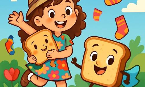 Una niña de 8 años, llamada Martina, con cabello castaño rizado y ojos llenos de curiosidad, salta de alegría sosteniendo una tostada sonriente bajo el brazo. Lleva una gorra de explorador y un vestido de flores coloridas, mostrando una gran sonrisa maravillada. Junto a ella, una tostada antropomórfica, con brazos y piernas de pan dorado, lleva una pequeña servilleta como capa y hace una reverencia alegre, con ojos brillantes de emoción. El escenario es un jardín exuberante, lleno de flores vibrantes, calcetines coloridos que bailan a su alrededor, y un cielo azul salpicado de nubes esponjosas. La escena muestra a Martina y la tostada en plena aventura, listas para explorar el jardín mágico en busca de la mermelada de arcoíris, rodeadas de calcetines danzantes y risas brillantes.