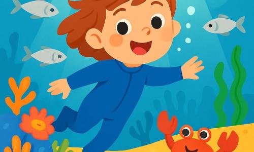 A 4-year-old girl named Lila, with a bright smile and sparkling eyes, is wearing a blue wetsuit. She is happily swimming in clear water, surrounded by silver fish swirling around her. Next to her, a little crab named Mina, with bright eyes and a red shell, is scuttling on the sand, clicking joyfully. The background shows a magical underwater world with colorful flower-shaped corals and waving seaweed dancing with the current. Rays of light filter through the water's surface, illuminating sparkling starfish on the seabed. The scene depicts Lila and Mina exploring a coral garden together, amazed by the beauty of their underwater environment, while a gentle melody of the ocean surrounds them.