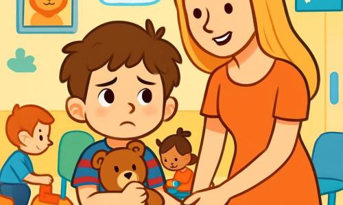 Un niño de 6 años, con cabello castaño desordenado y ojos brillantes de curiosidad, se encuentra en el centro de la imagen. Lleva una camiseta a rayas azules y rojas, un short de mezclilla y abraza fuertemente su peluche, un oso de peluche llamado Bruno, contra su corazón. Su rostro expresa una ligera preocupación, con las cejas fruncidas y un pequeño puchero. A su lado, su mamá, una mujer de unos 30 años, con cabello largo y rubio, sonríe con ternura. Lleva un vestido ligero y sostiene la mano de su hijo, animándolo con una mirada cálida. La escena ocurre en la sala de espera de un centro médico, con paredes pintadas de colores vivos, decoradas con dibujos de animales alegres y nubes. Sillas coloridas están dispuestas alrededor, y algunos niños juegan con juguetes de plástico. El niño, un poco nervioso, se prepara para recibir una pequeña inyección, pero se siente reconfortado por la presencia de su mamá y su oso de peluche. La atmósfera es a la vez tranquilizadora y dinámica, mostrando la mezcla de miedo y valentía en el corazón del niño.
