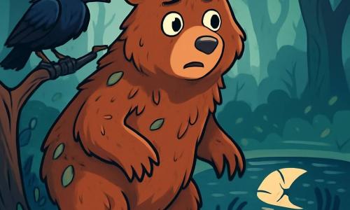 No centro da imagem, Miro, um grande urso pardo de olhos redondos e brilhantes, está em pé sobre as patas traseiras, com uma expressão inquieta e curiosa. Seu pelo é espesso e sedoso, salpicado de folhas e galhos, e ele observa atentamente ao seu redor, com as orelhas em pé, pronto para reagir a um perigo invisível. À sua esquerda, um corvo de penas pretas brilhantes, com um olhar penetrante e inteligente, empoleira-se em um galho baixo. Ele parece ao mesmo tempo sábio e preocupado, com as asas ligeiramente abertas, como se estivesse prestes a voar a qualquer momento. Ao fundo, a floresta está envolta em uma névoa espessa e misteriosa, com árvores de troncos retorcidos que se erguem como silhuetas fantasmagóricas, suas folhas tremendo com uma leve brisa. Sombras dançam entre os troncos, criando uma atmosfera mágica e inquietante. A cena representa Miro, o urso, descobrindo um lago misterioso, onde a superfície da água reflete uma lua quebrada, enquanto formas escuras e indistintas emergem das profundezas, como se quisessem agarrá-lo. A ilustração transmite uma sensação de tensão e aventura, cativando a imaginação dos jovens leitores.