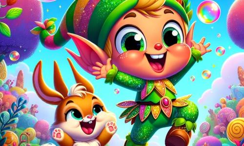 Un pequeño duende llamado Tico, con una gran sonrisa de dientes blancos, lleva un sombrero puntiagudo verde y un traje colorido hecho de hojas brillantes. Sus ojos brillan de alegría mientras salta en el aire, con los brazos levantados, rodeado de burbujas de colores vibrantes que flotan a su alrededor. A su lado, Pipo, un adorable conejito de grandes orejas, ríe con las patas delanteras levantadas como si aplaudiera la hazaña de Tico. Tiene un pelaje suave y sedoso de color caramelo, y sus ojos brillantes están llenos de travesura. En el fondo, la escena se desarrolla en el hermoso mundo de Risaslandia, donde los árboles tienen hojas en forma de caramelos y los ríos brillan como limonada. Flores multicolores bailan al viento, y un cielo azul radiante está salpicado de nubes en forma de malvavisco. La situación principal muestra a Tico y Pipo celebrando su éxito tras descubrir una caja mágica llena de burbujas de risas, listas para ser liberadas y esparcir alegría por todo Risaslandia.