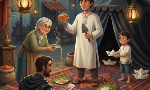Samir, a young man with a gentle face and hazel eyes, smiles calmly and determinedly, holding a warm round roll in one hand and a trowel in the other, standing at the edge of a richly woven carpet; to his right an eight-year-old boy, a paper-boat maker in an ink-stained light shirt, places several folded boats decorated with garden drawings by the tent entrance, and to his left an elderly tea-singer with braided gray hair pours a small bowl of hot tea to the ground like watering a plant while smiling gently; a surprised, slightly embarrassed merchant in a dark coat embroidered with stars takes a step back holding shiny papers of promises; the scene is a Night of One Thousand and One Nights–inspired market with layered Persian rugs, a large black satin tent, brass lanterns spilling honeyed light, open sacks of spices and a small patch of turf where green shoots grow among folded papers, capturing the tender moment when paper promises are planted like seeds in the carpet’s soil while bread and tea are exchanged and tiny green shoots begin to emerge under the lantern light.