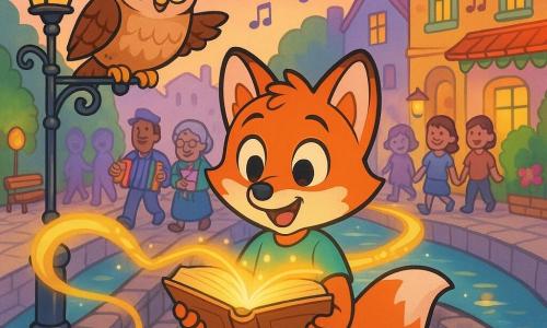 A small anthropomorphic fox child with bright russet fur, white markings on muzzle and tail, large gleaming eyes and a delighted smile holds an open ancient book glowing a soft golden light while standing at the center of an old stone bridge; a wise round fluffy brown-beige owl named Oliver with piercing yellow eyes perches on a lamppost to the left, wings slightly spread in a friendly gesture; simple smiling townspeople—a musician, an old woman with flowers, a few children—walk on both sides of the bridge among music and calm; to the right are colorful lively buildings with painted facades, garlands and musical signs, to the left peaceful gardens with hedges, benches and paper lanterns; the book's golden light weaves a bright ribbon toward both banks blending colors and sounds in a warm magical atmosphere with strong vivid contrasts, soft details and a pastel twilight sky; 90s cartoon style, clean lines, saturated colors, soft shading, comforting sense of wonder.