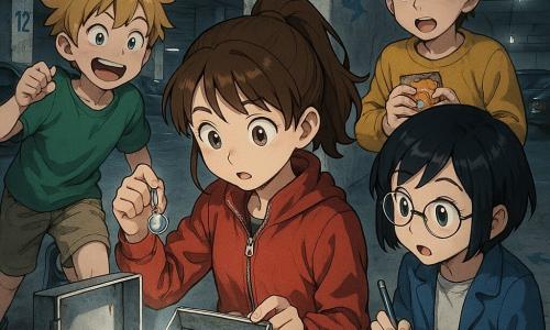 There are four children: Mina, girl, ~11, brown hair in a ponytail, red jacket, center, holding a shiny keychain in her right hand and looking at the open metal box; Jax, boy, ~11, tousled blond hair, green t‑shirt, left, smiling with a knee bent as if jumping with excitement; Zara, girl, ~12, short black hair, round glasses, blue coat, right, notebook and pen in hand, writing quickly while watching the box; Eli, boy, ~10, light brown hair, yellow sweater, just behind Mina, holding a packet of cookies and looking astonished. Location: underground concrete parking garage with numbered pillars with peeling paint, long white neon lights on the ceiling, dark parked cars, dusty floor, blue chalk arrows on the walls, and a small open metal wall hatch revealing a metal box and an old notebook. Main situation: the four children have just opened the secret hatch and discovered a box of shiny enamel badges and old photos; mood of discovery, faces lit by cold neon light, sharp details: fishing line on the floor, a blue feather on the concrete, a crumpled ribbon, and faint metallic reflections on the box.