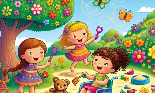 Three little girls are gathered in a sunny garden. Lily, a 6-year-old with curly hair and a colorful dress, is joyfully dancing near a large tree. Mia, a 7-year-old, is sitting in her sparkling wheelchair with a big smile on her face as she watches her friends. Zoe, a 6-year-old with big blue eyes and a braid, is crouching by a sandbox, holding a small plastic shovel. The garden is filled with colorful flowers, fluttering butterflies, and a bright blue sky. In the center, a large tree with green leaves provides shade, and a small sandy area is surrounded by scattered toys. The three friends are on a quest to find Mr. Teddy, their beloved teddy bear, who is mysteriously hiding. They search under the tree, in the sandbox, and among the flowers, laughing and enjoying their adventure full of surprises.