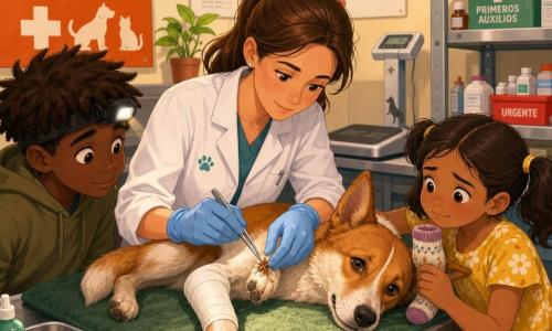 Veterinaria de unos 35 años, cabello castaño recogido en coleta, bata blanca algo arrugada, expresión dulce y concentrada, manos con guantes de látex azul retirando con delicadeza una espina de la pata delantera de un perro con pinzas estériles; niño de 12 años, pelo castaño despeinado, sudadera kaki, atento y sorprendido, sostiene una linterna frontal a un lado de la mesa; niña de 7 años, vestido amarillo con flores, coletas, angustiada pero aliviada, arrodillada junto al perro sujetándolo y sosteniendo un pequeño calcetín como talismán; perro mediano llamado Chispa, pelaje rojizo y blanco, orejas puntiagudas, una pata vendada y espina visible, tumbado sobre una mesa con manta antideslizante verde; clínica luminosa con paredes crema, carteles educativos, estantería con frascos y cajas de emergencia, báscula canina y un póster naranja de URGENCIAS VETERINARIAS parcialmente visible; escena íntima y profesional con luz cálida sobre la mesa.