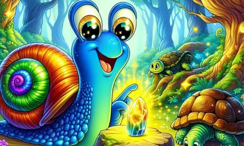 A snail named Sylvester, with a shiny shell in vibrant colors of emerald green, sapphire blue, and fiery red, stands in the center of an enchanted clearing. His large sparkling eyes express curiosity and joy as he touches a glowing stone pulsing with a soft golden light. Beside him, an old turtle named Theodore, with a rough shell and wise eyes, watches with a kind smile, sitting on a moss-covered rock. The clearing is surrounded by majestic trees with gnarled trunks, their leaves dancing in the breeze, and colorful flowers emit a faint magical glow. The main scene shows Sylvester discovering the magic of the stone, ready to embark on an incredible adventure in this fairy-tale place.