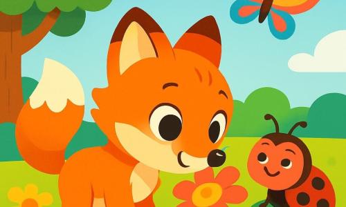 Um pequeno raposinho com olhos brilhantes e pelagem laranja vibrante, com uma expressão de curiosidade e excitação, explora um jardim ensolarado. Ele está cheirando uma flor colorida, suas pequenas patinhas delicadas apoiadas na grama verde. Ao lado dele, uma joaninha vermelha com pintas pretas, sorridente e alegre, pousa em uma folha, observando o raposinho com benevolência. Uma borboleta de asas multicoloridas voa acima deles, dançando no ar, adicionando um toque de magia à cena. O jardim está cheio de flores vibrantes, árvores frondosas e um céu azul claro, criando uma atmosfera alegre e acolhedora. O raposinho, cheio de energia, está pronto para viver uma grande aventura neste lugar encantador.