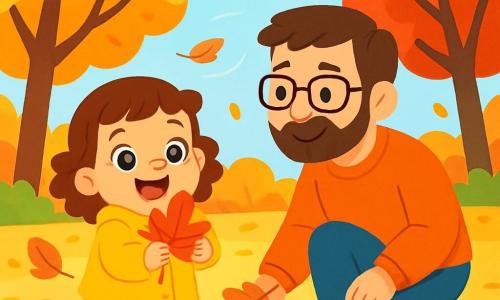 A 2-year-old girl with big bright eyes and curly brown hair joyfully smiles while holding a bright red leaf in her small hands. She is wearing a bright yellow coat and pink rubber boots. Next to her, her dad, a man in his thirties with a soft beard and glasses, looks at her tenderly while picking up another leaf. They are in a park during autumn, where the trees are adorned with vibrant leaves and the ground is covered with a warm-colored carpet. The main scene shows the little girl, amazed, jumping into the fallen leaves, while the wind makes the leaves dance around them, creating a joyful and festive atmosphere.