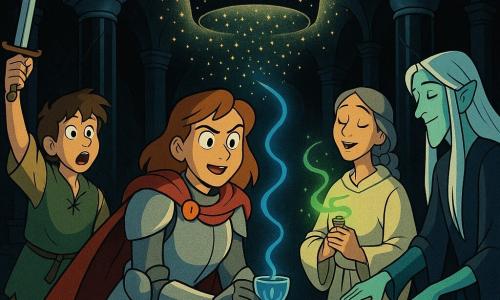 Aveline, a determined gentle female knight in matte silver armor and a rumpled red cape, rests a hand on a small glass cup emitting a thin blue light; to her right Sister Mira, about 40, in a simple cream robe with braided gray hair, softly sings while holding a vial of herbs that produces green light waves; to the left Garrick, a keen 16-year-old squire in tattered garb, raises a short sword in wonder as a Night Crown woven of shadows and glowing fissures floats above a still basin and begins to dissolve into golden sparks; in the background Caelan, a tall, slender river-being appearing ancient yet youthful-faced with silvery hair, touches the water, reflecting green light. The scene takes place in a vast underground hall of polished obsidian with stone columns and a cracked vaulted ceiling, strong contrasts of deep black, cold blues, soft greens and golden highlights, clear, saturated features conveying a tense but hopeful, peaceful confrontation.