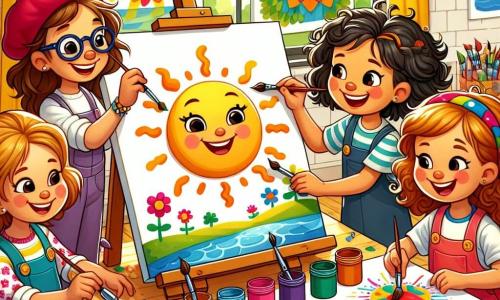 No primeiro plano, quatro meninas de 9 anos estão reunidas em torno de uma grande tela branca, cada uma segurando um pincel e potes de tinta colorida. Maria, com cabelos castanhos e óculos, sorri enquanto pinta uma paisagem ensolarada. À sua direita, Ana, uma menina de cabelos loiros cacheados, ri ao adicionar estrelas douradas à sua pintura. Clara, com cabelos negros e um boné vermelho, se concentra em um desenho de sol radiante, enquanto Beatriz, uma menina de cabelos castanhos e um grande sorriso, pinta flores coloridas em sua tela. O cenário é uma sala de pintura iluminada, com paredes amarelas e janelas que deixam entrar a luz do sol. Potes de tinta de todas as cores estão espalhados sobre mesas de madeira, e obras de arte de outras crianças decoram as paredes. As meninas estão em plena criação artística, rindo e se incentivando mutuamente, capturando o espírito alegre e colaborativo do verão no acampamento.