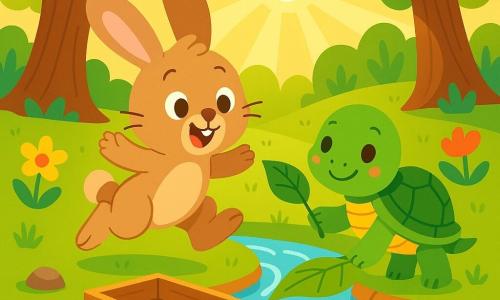 A small rabbit named Benny, with big ears, is joyful and curious, with soft brown fur, hopping excitedly near a sparkling stream. Beside him is a turtle named Tilly, with a shiny green shell and mischievous eyes, proudly holding a small leaf as a bridge. The setting is an enchanted forest, with thick-trunked trees, colorful flowers, and sunlight filtering through the leaves. Benny and Tilly are building a small wooden cart, surrounded by golden leaves and shiny pebbles, ready for a new adventure.