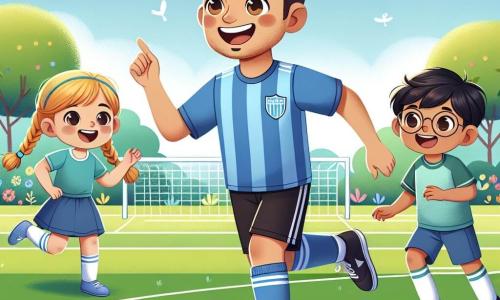 Um homem alegre chamado João, com cabelo castanho e olhos brilhantes, veste uma camisa de futebol azul e um short preto. Ele sorri amplamente, demonstrando seu entusiasmo, enquanto dribla uma bola de futebol em um campo verde. Ao lado dele, Ana, uma menina de 8 anos com cabelo loiro trançado e um sorriso radiante, corre tentando seguir João, com os braços levantados em sinal de empolgação. Miguel, um menino de 7 anos com cabelo castanho e óculos redondos, observa atentamente um pouco mais atrás, com as mãos na cintura, para aprender os movimentos de João. O local é um campo de futebol ensolarado, cercado por árvores verdes e flores coloridas, com um céu azul claro e algumas nuvens brancas. As linhas brancas marcam o campo, e os gols são visíveis em cada extremidade. A cena principal mostra João ensinando as crianças a driblar e chutar ao gol, com risadas e gritos de alegria, criando uma atmosfera de camaradagem e diversão em torno do jogo.