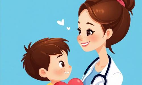 Na środku obrazu znajduje się Pani Doktor Ania, uśmiechająca się ciepło, z błyszczącymi oczami współczucia. Ma na sobie białą bluzę, stetoskop na szyi, a jej brązowe włosy są związane w kok. Słucha serca małego chłopca, Jaśka, który ma około 6 lat, ma blond włosy w nieładzie i lekko zmartwiony wyraz twarzy. Obok nich stoi mama Zosi, kobieta w wieku około trzydziestu lat z kasztanowymi włosami w kolorowej sukience, patrząca z nadzieją. Zosia, czteroletnia dziewczynka, siedzi na stole do badania, z różowymi policzkami i zmęczonym spojrzeniem, ale nieśmiało uśmiecha się do Pani Doktor Ani. Scena rozgrywa się w jasnym i przyjaznym gabinecie lekarskim, z pastelowo niebieskimi ścianami, edukacyjnymi plakatami o zdrowiu i kolorowymi zabawkami rozsypanymi po podłodze. Pani Doktor Ania uspokaja Jaśka, jednocześnie opiekując się Zosią, która ma gorączkę, tworząc atmosferę wsparcia i życzliwości w tym ciepłym miejscu.