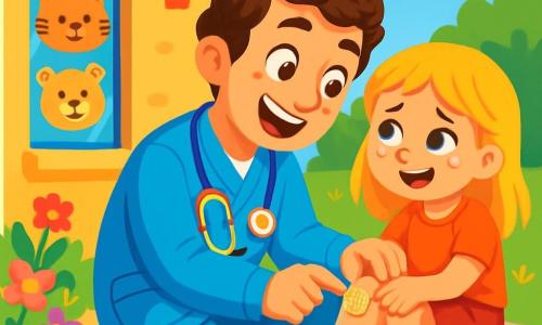 A smiling and warm male doctor, Dr. Happy, wears a bright blue coat and a rainbow-shaped stethoscope around his neck. He has brown, slightly curly hair and kind, sparkling eyes. He is crouched next to a blonde girl, about 7 years old, who has a scrape on her knee. She has tear-filled eyes, but a smile starts to appear thanks to the funny stories Dr. Happy is telling her. The setting is outside a colorful medical office with bright yellow walls and smiling animal drawings on the windows. Multicolored flowers line the path, and a clear blue sky brightens the scene. The main situation shows Dr. Happy treating the little girl, applying a sparkling bandage to her knee while telling her a funny story to comfort her.