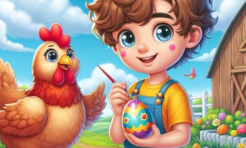 A 10-year-old boy named Oliver, with curly brown hair and sparkling curious eyes, stands at the center of the image, enthusiastically smiling while painting a colorful Easter egg. He wears a bright yellow t-shirt and denim shorts, with his hands covered in paint. Next to him, Henrietta, a proud red hen with shiny feathers, watches Oliver encouragingly, ready to help him decorate the eggs. In the background, a rustic wooden barn is visible, surrounded by green fields and vibrant flowers, under a clear blue sky dotted with fluffy white clouds. The scene depicts Oliver and Henrietta engaged in decorating Easter eggs, surrounded by paint pots and glitter, creating a joyful and festive atmosphere full of magic and creativity.