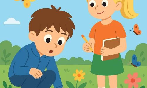 Ein 8-jähriger Junge namens Emil steht in einem grünen Garten, die Augen vor Neugierde geweitet. Er hat zerzaustes braunes Haar und trägt eine leichte blaue Jacke. Emil hockt neben einem Blumenbeet und beobachtet aufmerksam eine kleine Pflanze, die wächst. Neben ihm steht ein 8-jähriges Mädchen, Lina, mit blonden Haaren, die zu einem Pferdeschwanz gebunden sind, und hält ein Notizbuch, während sie lächelt. Der Garten ist voller bunter Blumen, Schmetterlinge flattern umher und im Hintergrund ist ein klarer blauer Himmel zu sehen. Die Hauptsituation zeigt Emil und Lina, wie sie die Wunder des Frühlings entdecken, umgeben von blühender Natur und kleinen Insekten, in einer friedlichen und fröhlichen Atmosphäre.