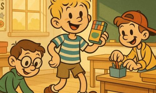 Drei Jungen, je 10 Jahre alt: ein blonder, zerzauster Junge in blau-weiß gestreiftem T‑Shirt und khakifarbenen Shorts hält in der Mitte ein Kästchen Buntstifte in der rechten Hand und lächelt; links kniet ein kurzbrauner Junge mit runden Brillengläsern und grünem Sweatshirt und hebt mit der linken Hand heruntergefallene Weintrauben auf; rechts steht ein hellbrauner Junge mit umgedrehter roter Kappe und gelber Jacke und sortiert Stifte in einer kleinen blauen Schachtel; helle, einladende Klassenzimmer mit cremefarbenen Wänden, großem Fenster mit goldenem Sonnenstrahl, grüner Tafel, Papierregelwand mit Aufklebern, hellen Holztischen mit Stifteboxen; Szene: die drei räumen gemeinsam nach der Pause auf, dynamische Gesten, fröhliche Mienen, verstreute Trauben und offene Brotdose auf dem Boden, Kreidestaub in der Luft, Atmosphäre von Zusammenarbeit und wiederhergestellter Ordnung.