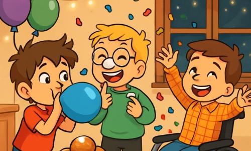 Er zijn 3 kinderen: Tom: een 8-jarig jongetje met rommelig bruin haar en sprankelende ogen. Hij draagt een rood t-shirt en een blauwe short, en hij blaast in een grote feestballon. Bas: een 8-jarig jongetje met blond haar en ronde bril. Hij draagt een groene trui en een zwarte broek, en hij lacht terwijl hij probeert slagroom op zijn neus te krijgen. Sam: een 8-jarig jongetje met kastanjebruin haar en een grote glimlach. Hij zit in een rolstoel, gekleed in een geruit shirt en een spijkerbroek, en hij houdt confetti in zijn handen, klaar om het te gooien. De locatie is een gezellige woonkamer versierd voor Oud en Nieuw, met kleurrijke slingers aan het plafond, zwevende ballonnen en een grote tafel vol heerlijke traktaties zoals oliebollen en appelflappen. Sprankelende lichten verlichten de kamer, waardoor een feestelijke en vrolijke sfeer ontstaat. De situatie toont de drie kinderen die zich voorbereiden op het nieuwe jaar, lachend en spelend samen. Tom blaast in een ballon, Bas bedekt zichzelf met slagroom, en Sam gooit confetti in de lucht, terwijl het gelach door de kamer weerklinkt.