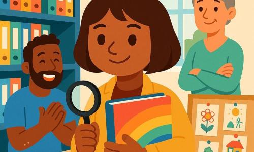 Hoofdpersonage Noor, een glimlachende maar geconcentreerde detectieve met rond gezicht en kort bruin haar in een bob, draagt een mosterdgele jas en houdt in haar rechterhand een loep en tegen haar borst een kleurrijke regenboogetui die ze net terugvond in de archieven; links van haar staat Sam, een joviale man van ongeveer 30 met lichte baard en blauw T‑shirt die applaudisseert en kruimels op zijn mouw heeft; achter Noor staat Fien, een verlegen vrouw van rond de 40 met grijsgedraaid haar in een knot en een lichtgroen bloesje, handen gekruist en opgelucht kijkend; locatie: helder kantoor met hoge planken vol gekleurde dossiers, een grote lichte houten tafel, prikbord met kindertekeningen en een raam dat zacht licht binnenlaat; centraal gecomponeerd, heldere contrasterende kleuren en eenvoudige geometrische silhouetten, warme optimistische speelse sfeer met mosterdgeel, lichtblauw, muntgroen en koraalroze, zachte vlakke schaduwen en gladde texturen in een kindvriendelijke stijl.