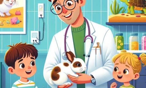 Il personaggio principale è un uomo, il Dottor Leo, un veterinario sorridente di circa trent'anni, con capelli castani e occhiali rotondi. Indossa un camice bianco, uno stetoscopio attorno al collo e guarda con benevolenza un piccolo coniglio bianco di nome Fluffy, che tiene delicatamente tra le mani. Accanto a lui c'è Marco, un ragazzo di 8 anni con capelli castani e occhi scintillanti, che osserva con curiosità, tenendo una carota in mano, pronto a darla a Fluffy. Sua sorella, Giulia, una bambina di 6 anni con due codini biondi, si sporge in avanti con un grande sorriso, impaziente di vedere il piccolo coniglio guarire. La scena si svolge in una clinica veterinaria colorata, con muri decorati da poster di animali, giocattoli sparsi per il pavimento e un grande terrario con una tartaruga sorridente su uno scaffale. La situazione principale mostra il Dottor Leo mentre dà una piccola dose di medicinale a Fluffy, mentre Marco e Giulia guardano con ammirazione, i loro volti illuminati dalla speranza e dall'amore per il loro piccolo amico a quattro zampe.