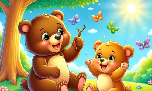 Due piccoli orsetti gemelli, Lino e Lina, sono seduti sotto un grande albero con foglie verdi brillanti. Lino, un orsetto marrone con grandi occhi scintillanti di malizia, sorride allegramente tenendo un bastone tra le zampe. Lina, un'orsetta con pelliccia dorata e guance rosa, ride alzando le braccia, pronta a giocare. Il sole brilla in un cielo blu chiaro, illuminando il dolce terreno coperto di fiori colorati e erba verde. Sullo sfondo, farfalle multicolori volano intorno a loro, aggiungendo magia alla scena. I due orsetti, circondati dalla bellezza della natura, si divertono a giocare a nascondino, le loro risate risuonano nell'aria fresca e gioiosa.