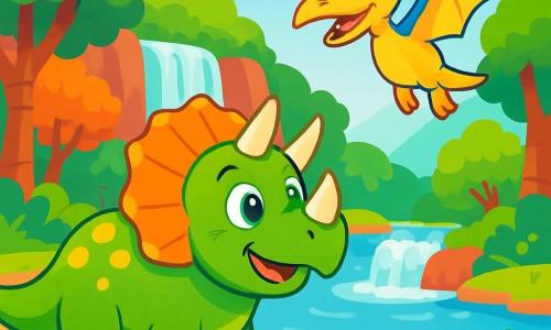 Un tricératops llamado Tito, con una piel verde brillante y ojos llenos de curiosidad, está al borde de un lago cristalino. Parece maravillado, con sus tres cuernos puntiagudos erguido en su cabeza. A su lado, un pterodáctilo llamado Dino, con plumas amarillas y azules, vuela alegremente en el aire, con las alas desplegadas, listo para explorar. Al fondo, una majestuosa cascada vierte agua brillante en el lago, rodeada de grandes árboles con hojas exuberantes y coloridas. Tito y Dino descubren un mundo misterioso, lleno de otros dinosaurios amigables, mientras juegan y ríen juntos junto al agua.