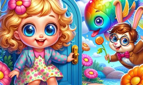 Una bambina di 2 anni, di nome Lalla, con grandi occhi brillanti e capelli ricci dorati, sorride meravigliata scoprendo una porta colorata dietro un cespuglio. Indossa un vestito a fiori e sandali rosa, accovacciata pronta ad aprire la porta. Accanto a lei, un pesce volante dalle squame multicolori, con ali trasparenti, fluttua nell'aria, allegro e vivace, impaziente di giocare a nascondino. Sullo sfondo, un coniglio divertente di circa 5 anni, con occhiali tondi e un papillon, sta in piedi sulle zampe posteriori, tenendo una carota magica, pronto ad aiutare Lalla. Lo scenario è un giardino incantato, con alberi dai tronchi blu, fiori giganti di tutti i colori e un cielo blu brillante punteggiato di nuvole a forma di caramelle. La scena principale mostra Lalla, piena di curiosità, pronta ad aprire la porta misteriosa verso un mondo fantastico, circondata dai suoi nuovi amici pronti a seguirla nell'avventura.
