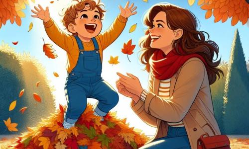 Un ragazzino di 2 anni di nome Leo, con capelli ricci e occhi scintillanti, è seduto in un grande mucchio di foglie autunnali colorate, sorridendo felice. Indossa una salopette blu e un maglione giallo, e ride lanciando foglie in aria. Accanto a lui, sua madre, una donna di circa 30 anni con capelli castani e un sorriso caloroso, osserva Leo con tenerezza. Indossa una sciarpa rossa e un cappotto beige, ed è accovacciata, pronta ad aiutarlo a saltare nelle foglie. Lo scenario è un giardino autunnale, pieno di alberi con foglie dorate, arancioni e rosse, con un cielo azzurro chiaro sullo sfondo. I raggi di sole filtrano tra i rami, illuminando la scena con una dolce luce. La situazione principale mostra Leo pronto a fare un grande salto nel mucchio di foglie, con le braccia alzate e il viso radioso di gioia, mentre sua madre lo incoraggia con un sorriso, creando un'atmosfera di felicità e magia autunnale.