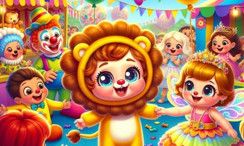 Un bambino di 2 anni, Leo, sorridente e felice, indossa un costume da leone con una criniera morbida e dorata. I suoi grandi occhi brillanti esprimono eccitazione mentre cerca di far girare cerchi colorati. Accanto a lui, un pagliaccio allegro di circa 30 anni, con un naso rosso e capelli multicolori, ride incoraggiando Leo a giocare. Una piccola fatina, una bambina di 5 anni con ali scintillanti e un vestito rosa, sorride e tiene la mano di Leo, pronta a partire per un'avventura. La scena si svolge nel cuore di una festa di carnevale vivace, con palloncini colorati che fluttuano nel cielo blu, ghirlande di fiori appese agli stand e bambini che danzano intorno a loro. Leo, il pagliaccio e la fatina sono circondati da risate e musica, immersi in un'atmosfera festosa e gioiosa, pronti a scoprire un tesoro di caramelle colorate, pieni di gioia e amicizia.