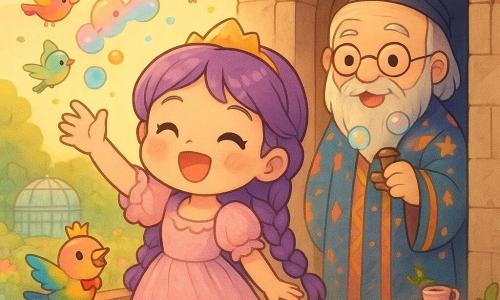 Eine fröhliche, neugierige Prinzessin mit violetten Zöpfen und pastellfarbenem Rüschenkleid steht auf einem geschnitzten Holzbalkon, winkt und ruft „Guten Morgen!“ mit strahlendem Lächeln; hinter ihr lächelt der alte Zauberer Herr Pfefferkorn (≈70) mit langem grauem Bart, runder Brille und bunter Robe, die Pfeife bläst bunte Seifenblasen; ein winziger Vogel Pieps mit roter Krawatte und regenbogenfarbenen Federn sitzt auf ihrer Schulter und zwitschert; eine kleine Vogelprinzessin mit Federkrone schwebt vor dem Balkon, von bunten Vögeln umgeben; Ort: Schlossbalkon mit geschnitzter Balustrade und Blick auf einen blühenden Garten im goldenen Morgenlicht; Szene: morgendliches Begrüßungsritual, Vögel formen bunte Kreise, dynamisch und niedlich, chibi-kawaii Stil, kräftige Pastellfarben, runde Linien und weiche Texturen.