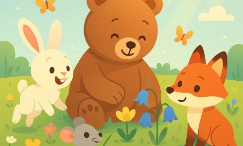 Bramble, a large round brown teddy bear with a serene, joyful expression, sits center reaching toward a small yellow flower opening; Willow, a white rabbit with big pink ears, is left, excited and hopping, twitching her nose at buds; Sable, a glossy red fox with a bushy tail, sits right, curious and smiling toward a row of blue bellflowers; Pip, a small gray mouse with bright eyes, perches near Bramble's paws holding a blade of grass, all in an open spring meadow of tender green grass, vivid tufts of yellow, pink, blue and white flowers, a few sparkling puddles, golden butterflies and soft sunbeams under a clear blue sky; main scene: the animals form a circle listening to the wind and birds while flowers slowly open, petals unfolding, creating a calm warm atmosphere; graphic style: simple rounded shapes, saturated pastel colors, clean outlines, very soft shadows, clear childlike composition, no text or complex realistic elements.