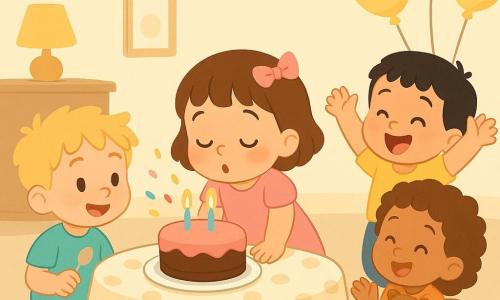 Four children: Mia (2), a short brown-haired girl with a pink ribbon, standing center in front of a low table blowing out two candles on a small round cake; Sam (3), a tousled blond boy left of the table holding a small spoon and smiling at the cake; Leo (2), a light-skinned black-haired boy to the right, hopping on tiptoe with arms raised in joy; Ana (2), a curly light-brown–haired girl seated behind the table holding a teddy and clapping. The scene is a warm, bright living room with cream walls, blue/pink/yellow paper bunting, a low wooden table with a polka-dot cloth, a yellow paper lantern on a shelf and pastel balloons near the ceiling. Main moment: birthday cake—Mia blows the two candles while the others sing and applaud, a small confetti pop is about to burst; joyful atmosphere, soft colors, rounded shapes, happy expressions and simple gestures.