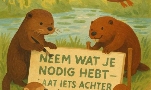 Milo, een jonge otter met glanzend bruin vel en trillende snorharen, schildert geconcentreerd met een dikke borstel letters op een houten paneel; Lio, een kleine otter met roomkleurige vlekken, knielt naast hem, lacht en schildert een kleurrijke otter op de rand; Bram, een gedrongen bever met donkerroodbruine vacht en grote tanden, steekt tevreden twee houten palen in de grond achter het bord; Noor, een elegante eend met glad verenkleed, vliegt net boven het tafereel met halfopen vleugels, nieuwsgierig en aanmoedigend; de heldere rivier weerspiegelt de lucht met zilveren glans en groene algen, de oever is bezaaid met gladde keien en hoog gras, een grote treurwilg met hangende takken en zachtgroene bladeren werpt gouden vlekken licht; op het paneel staat in grote simpele letters: NEEM WAT JE NODIG HEBT — LAAT IETS ACHTER, de verf licht ongelijk en met natte randen; warme sfeer, natuurlijke pasteltinten, zichtbare gouachetexturen zoals penseelstreken, papierkorrel en kleine verfspatten, compositie gecentreerd op het bord en de personages, intieme nabij perspectief en een zachte, optimistische uitstraling.