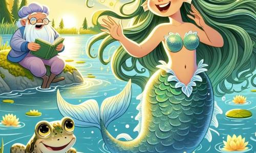 Uma sereia chamada Marilu, com longos cabelos verdes como algas, nada alegremente em um lago cintilante, suas escamas prateadas brilhando ao sol. Ela tem um grande sorriso, seus olhos brilhando de curiosidade e alegria. Perto dela, um velho sapo lilás, o Guardião do Fundo Brilhante, está sentado em uma pedra coberta de musgo, lendo um livro de folhas de nenúfar, com uma expressão sábia e divertida. O lago é cercado por flores douradas que flutuam na superfície, iluminadas por raios de sol dourados, e árvores com folhas azul-vivo se erguem nas margens. A cena principal mostra Marilu cantando para uma flor dourada triste, enquanto o vento dança ao redor deles, criando uma atmosfera mágica e alegre.