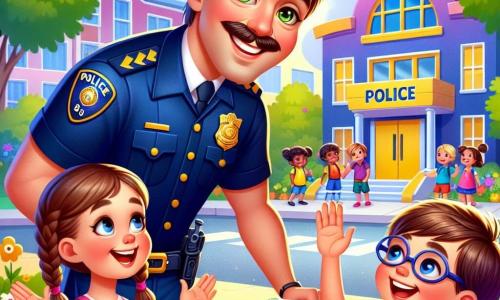 A smiling police officer, a man about 30 years old with a well-groomed mustache and a bright blue uniform, stands on his bike. He has sparkling eyes and a warm smile, ready to talk to the children. Next to him, an 8-year-old girl with braided brown hair and a pink dress raises her hand enthusiastically, eager to ask a question. A 7-year-old boy with glasses and a green t-shirt stands slightly back, listening attentively. The scene takes place in front of a colorful school with yellow walls and bright windows, surrounded by a flower-filled garden where children play. Green trees and colorful flowers add life to the background. The main situation shows the officer sharing captivating stories with the children, who listen with wide eyes, eager to learn more about his job.