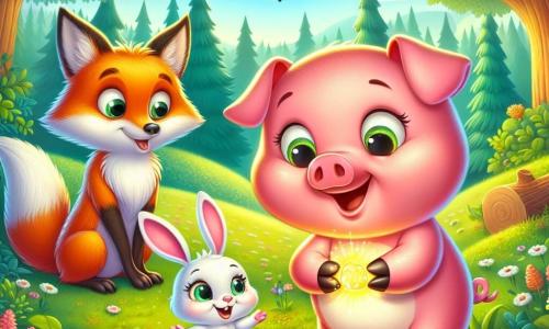 Ein kleines rosa Schweinchen namens Pipp, mit großen funkelnden Augen und einem fröhlichen Lächeln, hält einen kleinen glänzenden Stein in seinen Pfoten, fasziniert von seiner Entdeckung. Neben ihm schaut ein schlauer Fuchs namens Felix, mit leuchtend orangefarbenem Fell und buschigem Schwanz, neugierig auf den Stein, während ein niedlicher weißer Hase namens Hoppel, mit großen Ohren und weichem Fell, vor Freude hüpft, seine Augen vor Aufregung strahlend. Die Szene spielt in einer sonnigen Lichtung im Wald, umgeben von großen Bäumen mit leuchtend grünen Blättern und bunten Blumen, die im Wind tanzen. In der Ferne singen Vögel in den Ästen und verleihen der Atmosphäre einen Hauch von Magie. Pipp, Felix und Hoppel entdecken gemeinsam den magischen Stein, der von einem geheimnisvollen Glanz erleuchtet wird, und bereiten sich darauf vor, ein unglaubliches Abenteuer in einer verzauberten Welt zu erleben.